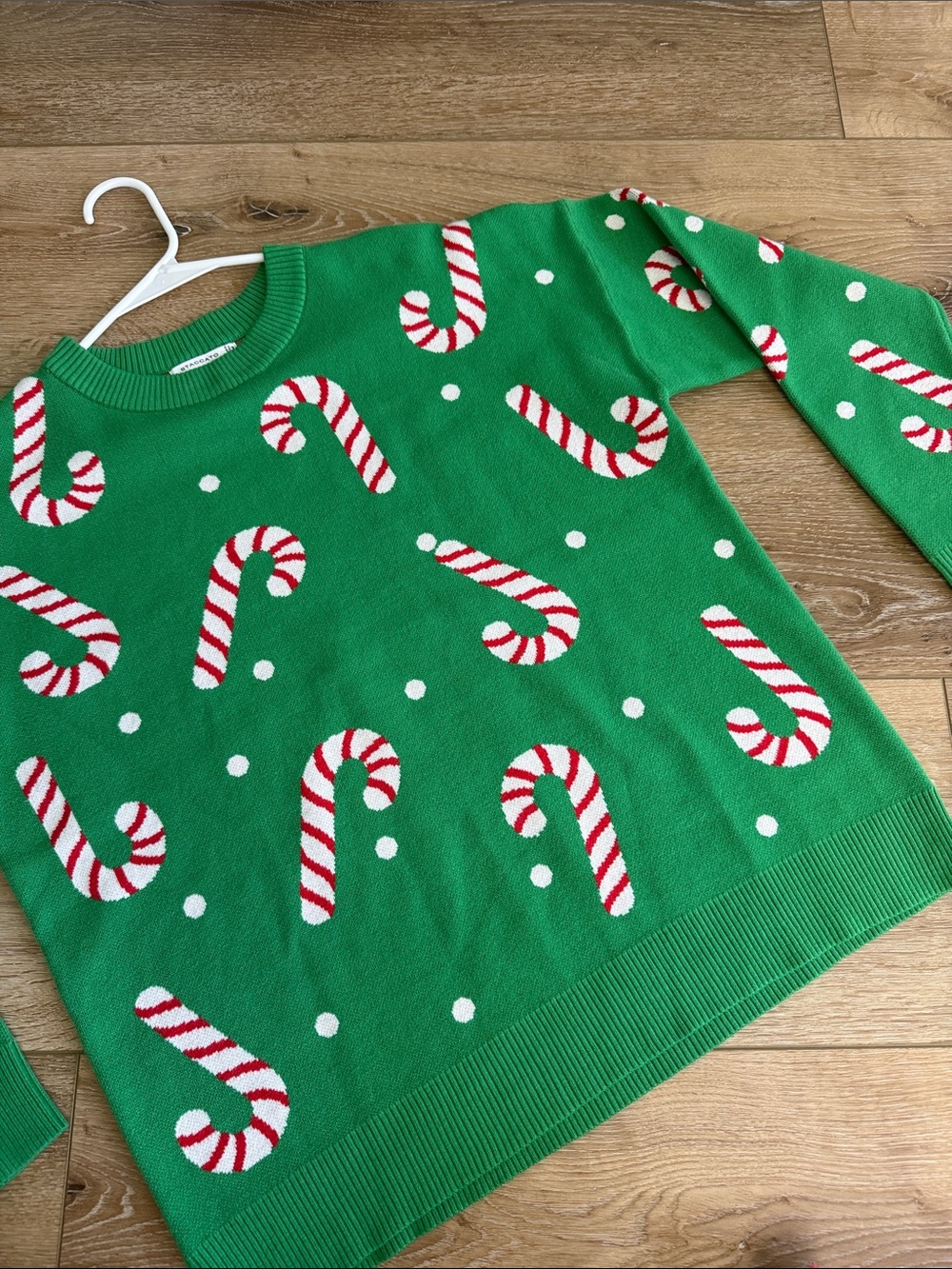 Staccato Green Christmas Sweater with Red & White Candy Canes